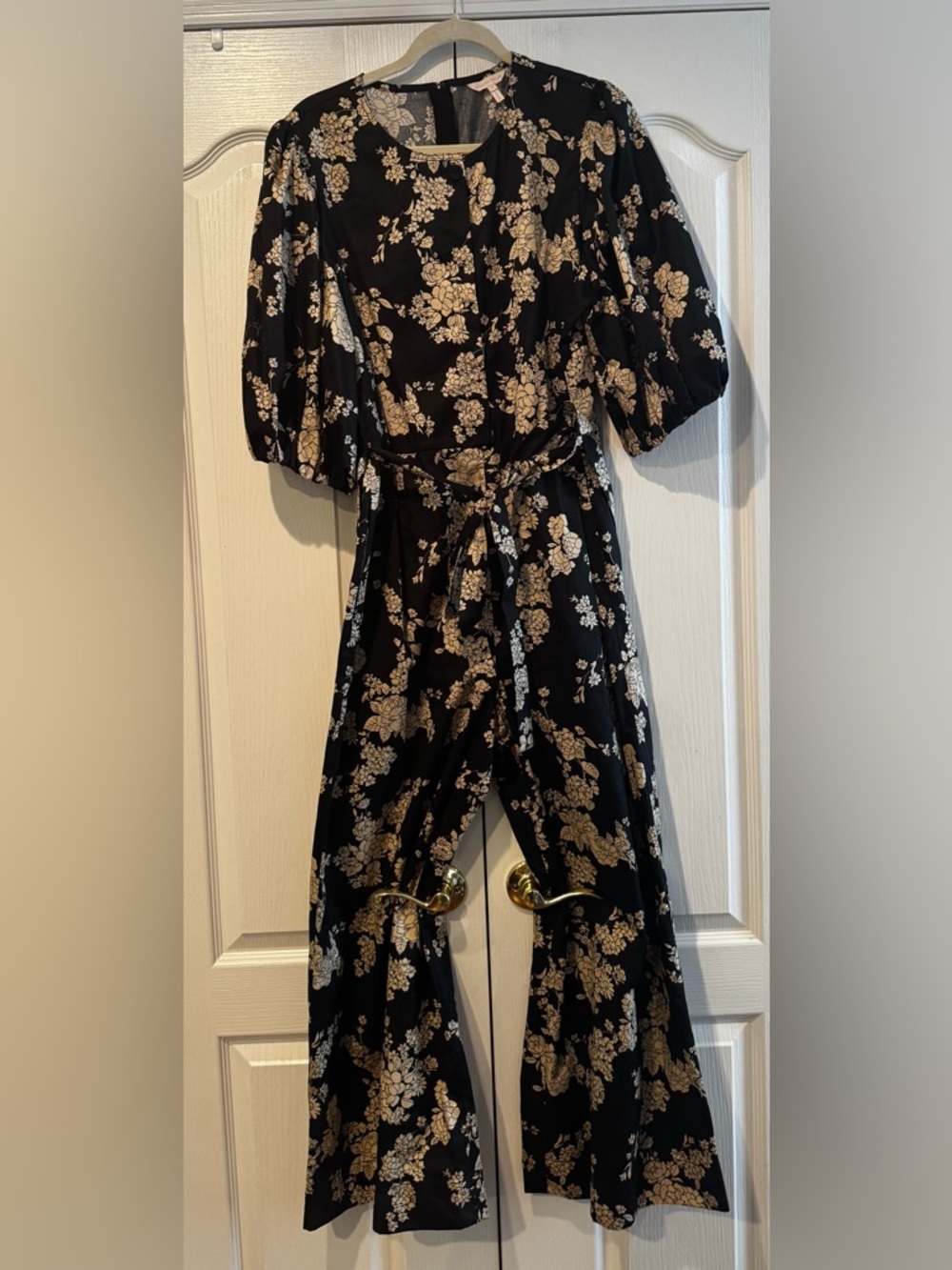 Rebecca Taylor Black and Cream Floral Tie Waist Cotton Jumpsuit - Size 12 - Picture 4 of 7